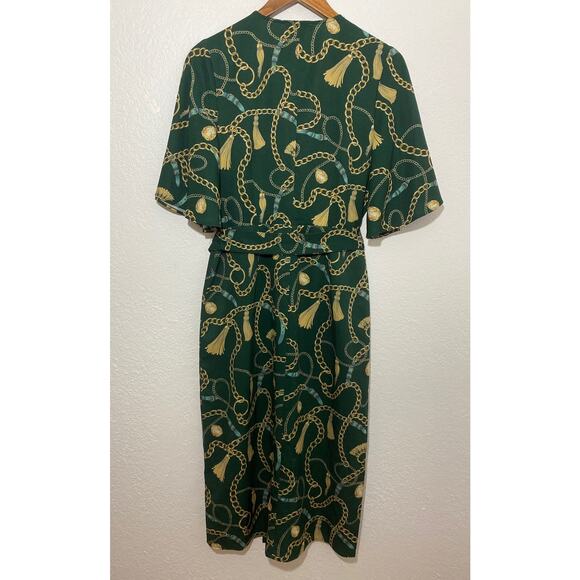 Neiman Marcus Green Chain-Print Wrap V-Neck Midi Dress Small Flutter Sleeve Belt - Picture 5 of 11